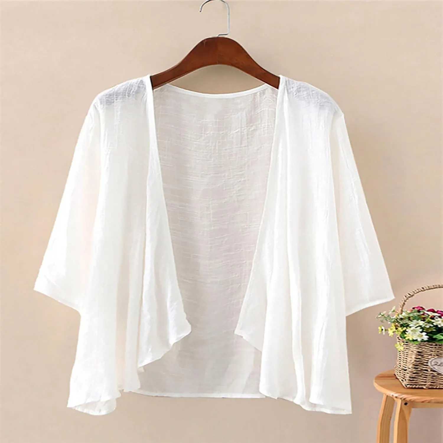 Women's Casual Linen Cotton Lightweight Open Front Cropped Cardigans Soft Ruffles Half Sleeve Sheer Cardigan (S-4XL)