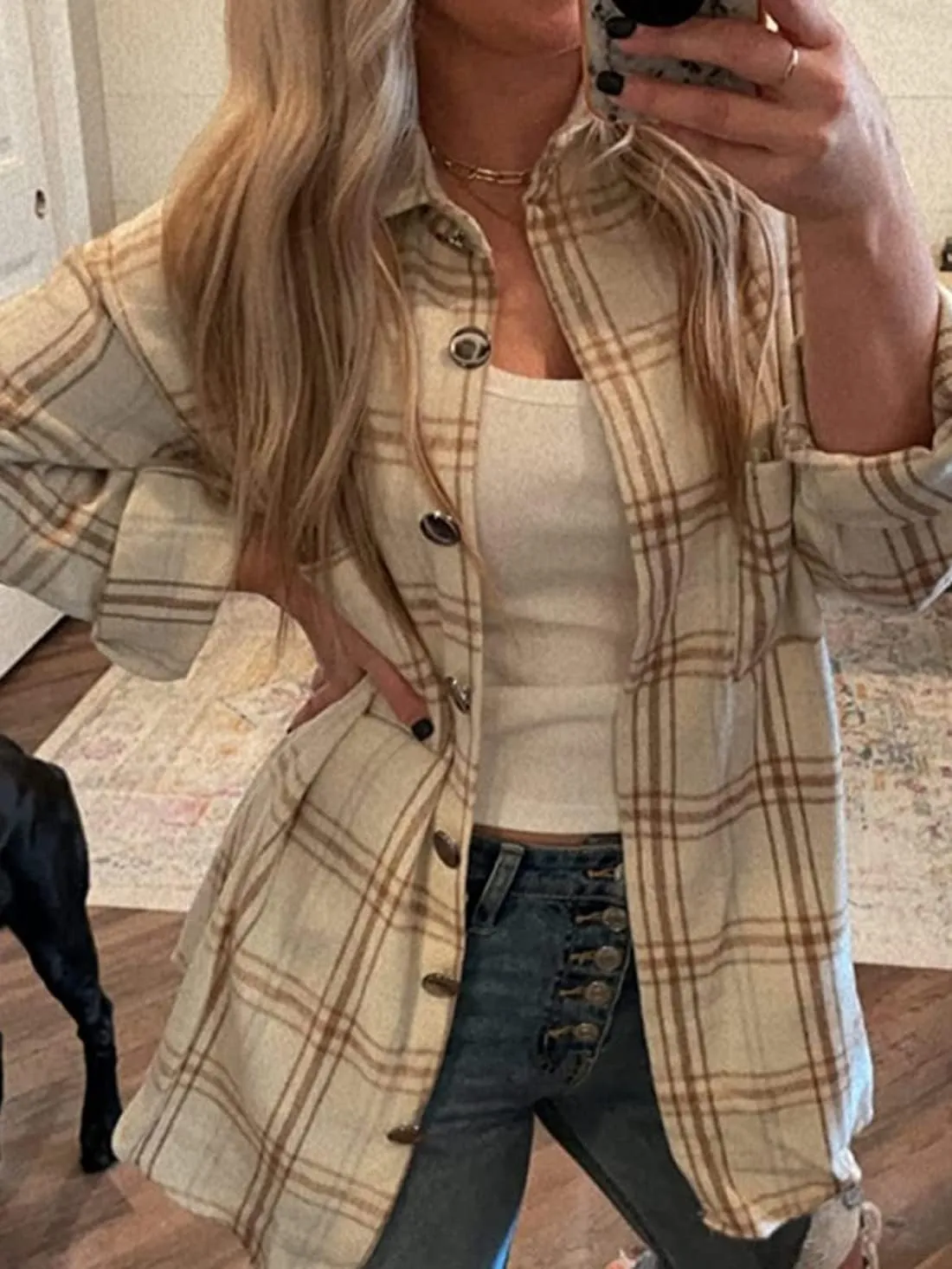 Women's Casual Long Sleeve Tops Fall Blouses Flannel Plaid Button-Down Shirt Jacket with Pockets