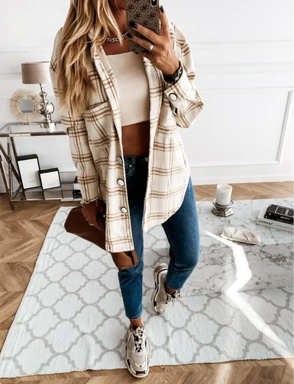 Women's Casual Long Sleeve Tops Fall Blouses Flannel Plaid Button-Down Shirt Jacket with Pockets