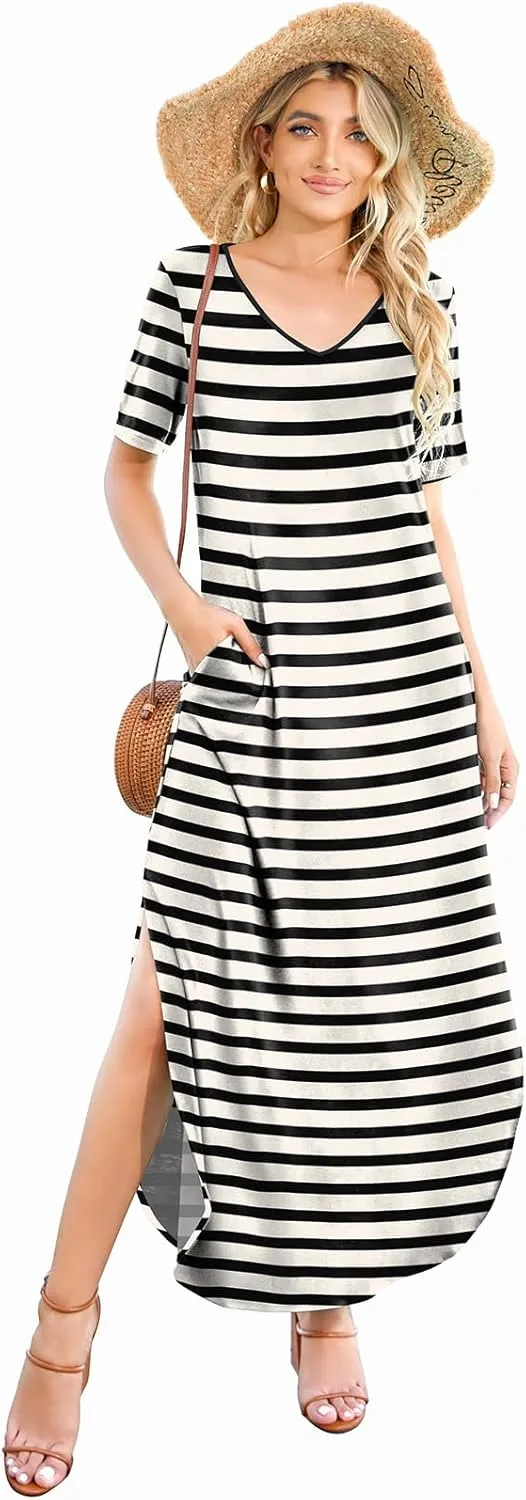 Women's Casual Loose Sundress Short Sleeve V Neck Long Dress Split Maxi Summer Beach Dress with Pockets