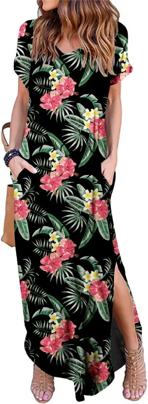 Women's Casual Loose Sundress Short Sleeve V Neck Long Dress Split Maxi Summer Beach Dress with Pockets