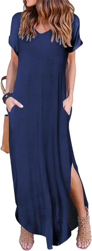 Women's Casual Loose Sundress Short Sleeve V Neck Long Dress Split Maxi Summer Beach Dress with Pockets