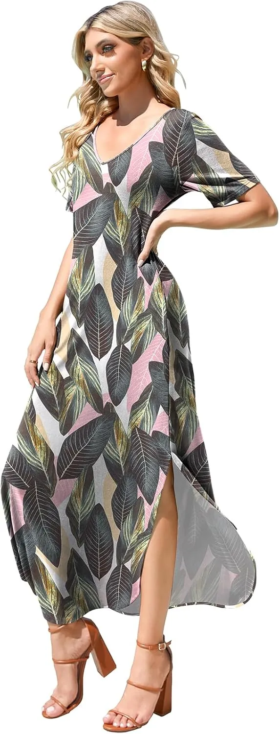 Women's Casual Loose Sundress Short Sleeve V Neck Long Dress Split Maxi Summer Beach Dress with Pockets