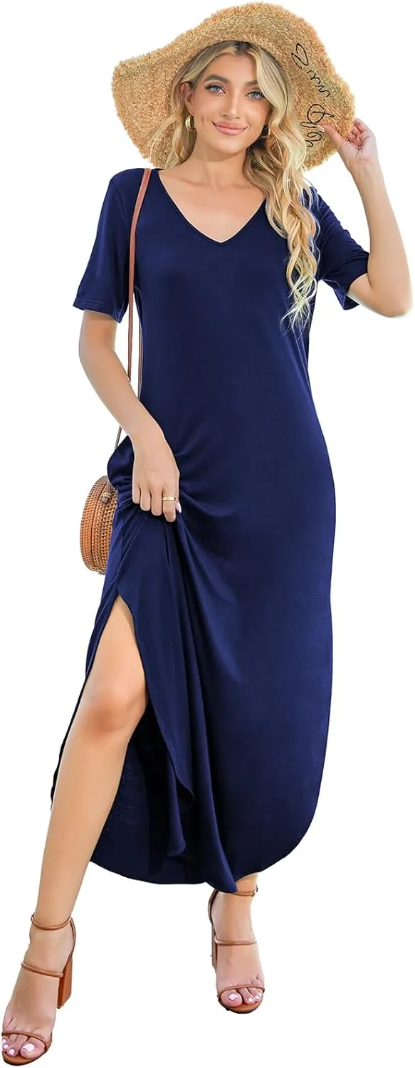 Women's Casual Loose Sundress Short Sleeve V Neck Long Dress Split Maxi Summer Beach Dress with Pockets