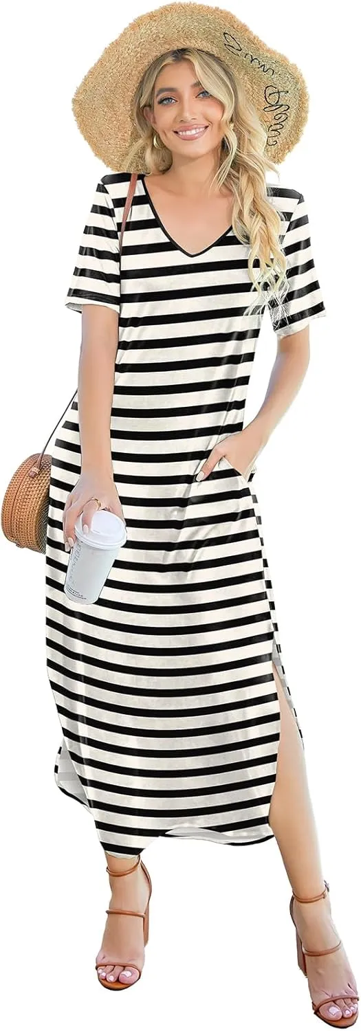 Women's Casual Loose Sundress Short Sleeve V Neck Long Dress Split Maxi Summer Beach Dress with Pockets