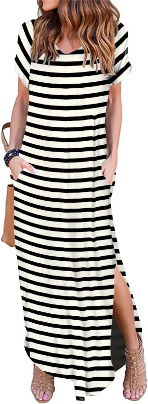 Women's Casual Loose Sundress Short Sleeve V Neck Long Dress Split Maxi Summer Beach Dress with Pockets