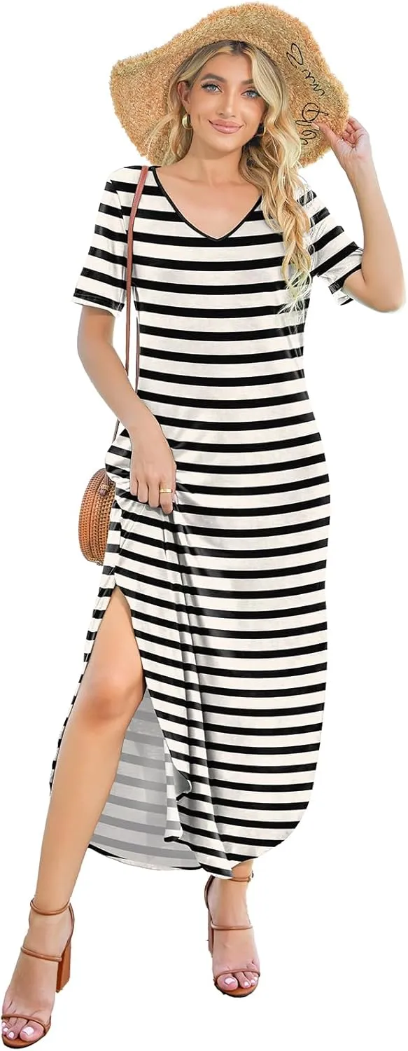 Women's Casual Loose Sundress Short Sleeve V Neck Long Dress Split Maxi Summer Beach Dress with Pockets