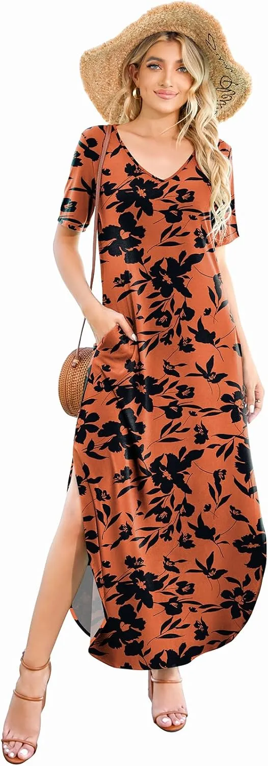Women's Casual Loose Sundress Short Sleeve V Neck Long Dress Split Maxi Summer Beach Dress with Pockets