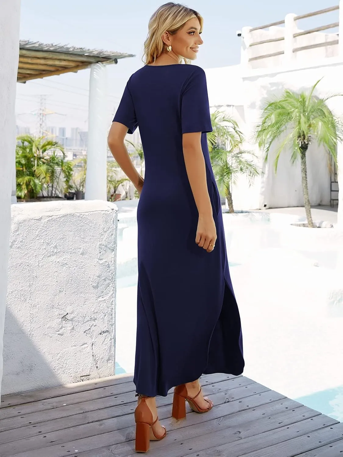 Women's Casual Loose Sundress Short Sleeve V Neck Long Dress Split Maxi Summer Beach Dress with Pockets