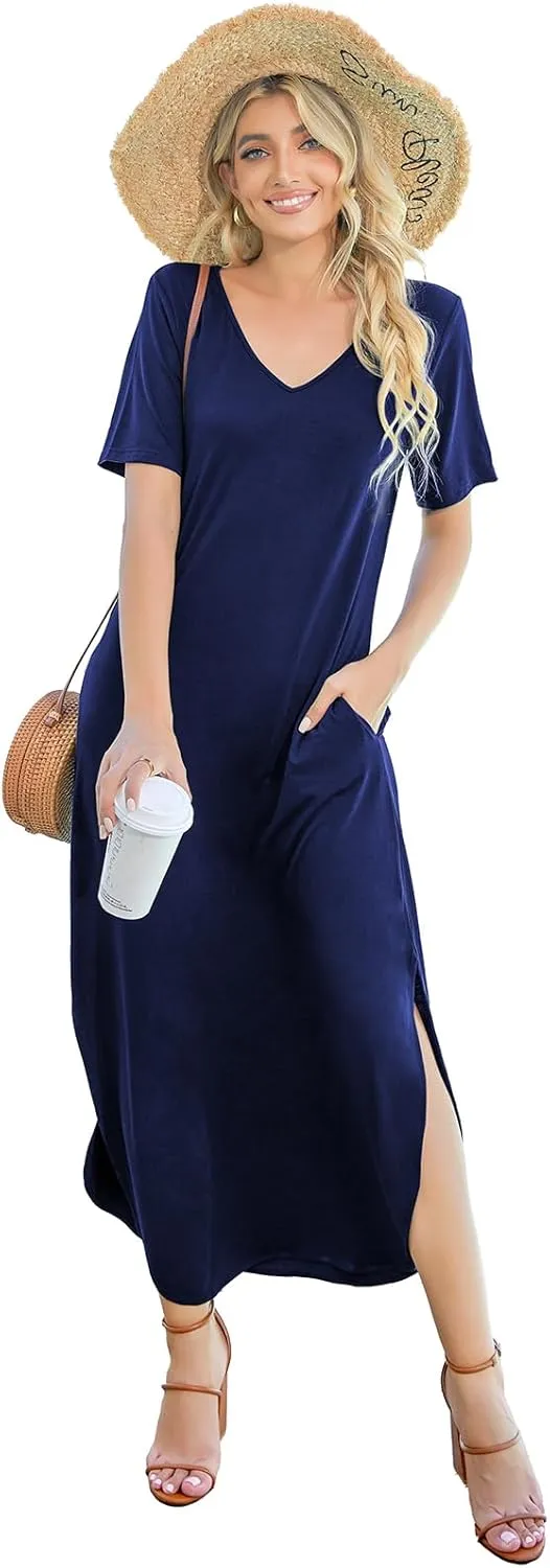 Women's Casual Loose Sundress Short Sleeve V Neck Long Dress Split Maxi Summer Beach Dress with Pockets