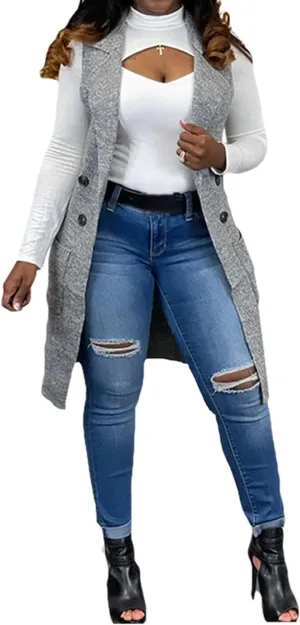 Women's Casual Sleeveless Long Sweater Vest Open Front Knit Cardigan Waistcoat with Pockets