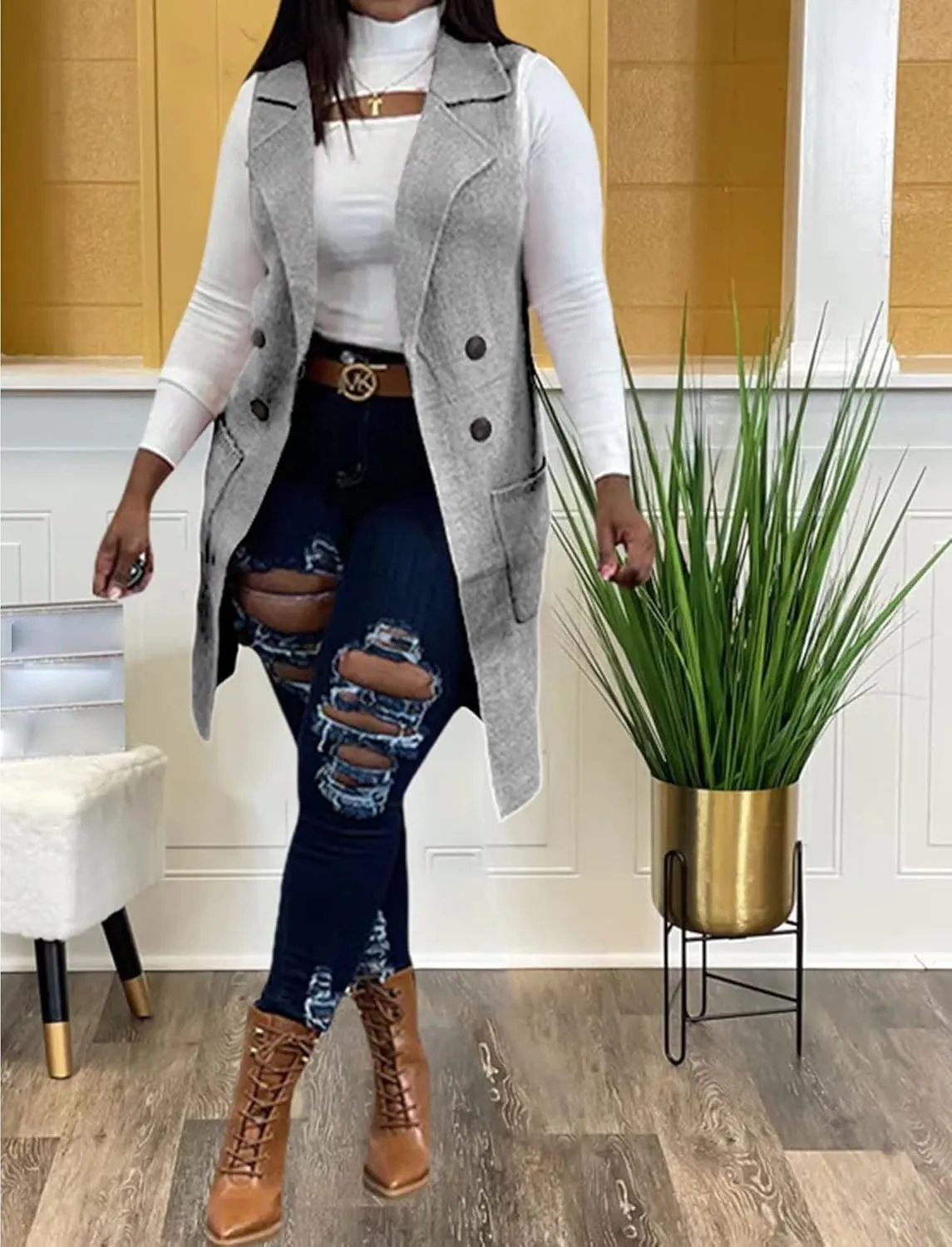 Women's Casual Sleeveless Long Sweater Vest Open Front Knit Cardigan Waistcoat with Pockets