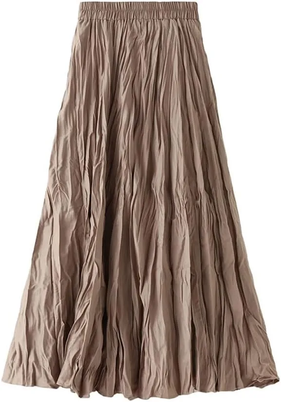 Women's Chiffon High Waist Pleated Midi Skirt Swing A-line Skirts Elastic Waist Maxi Casual Mini Skirts