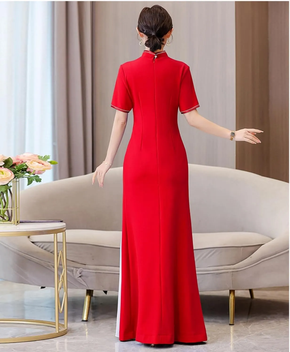 Women's Chiffon Long Cheongsam Short Sleeve Chi-pao Dress Evening Party Wedding Guest Gown Qipao