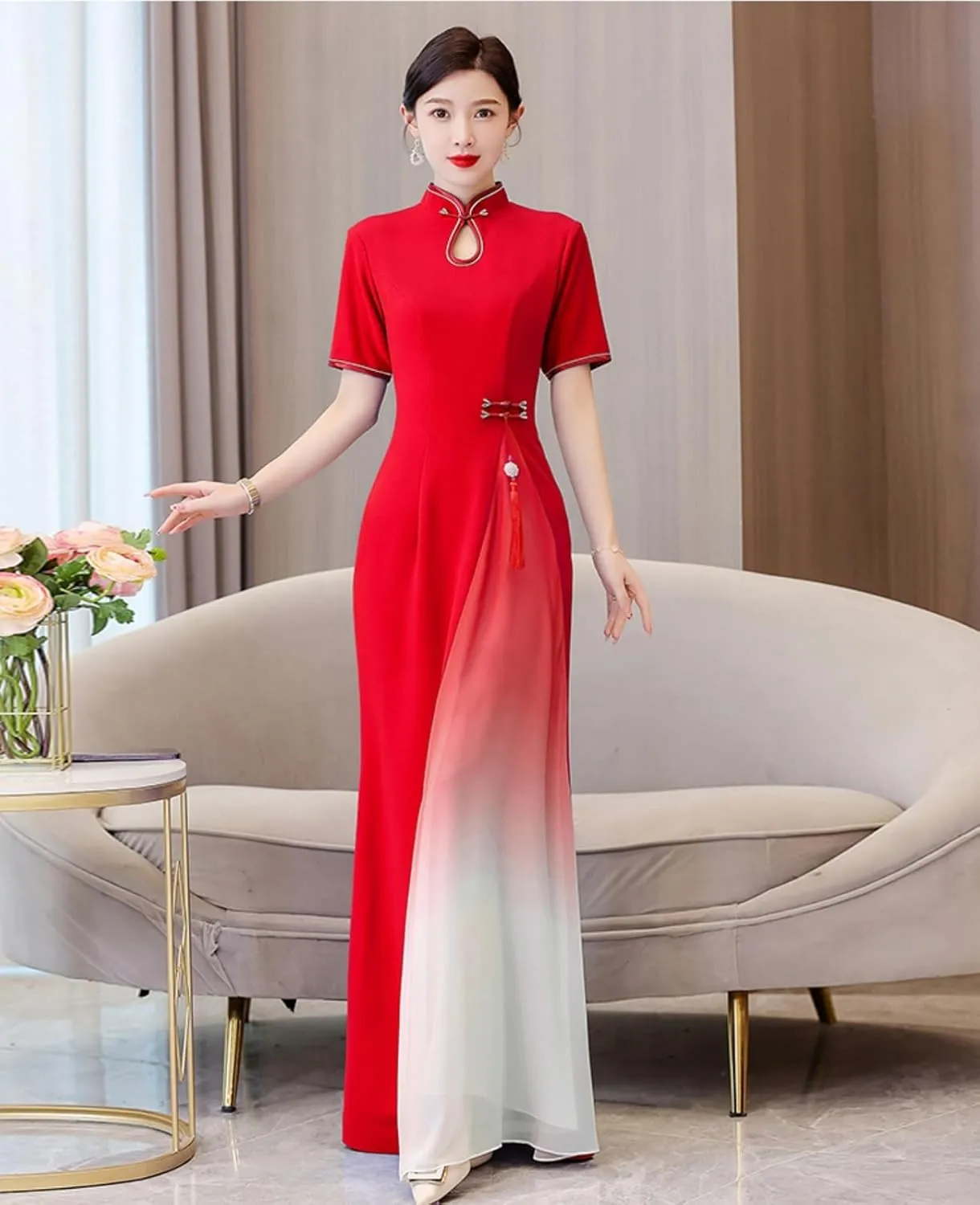 Women's Chiffon Long Cheongsam Short Sleeve Chi-pao Dress Evening Party Wedding Guest Gown Qipao