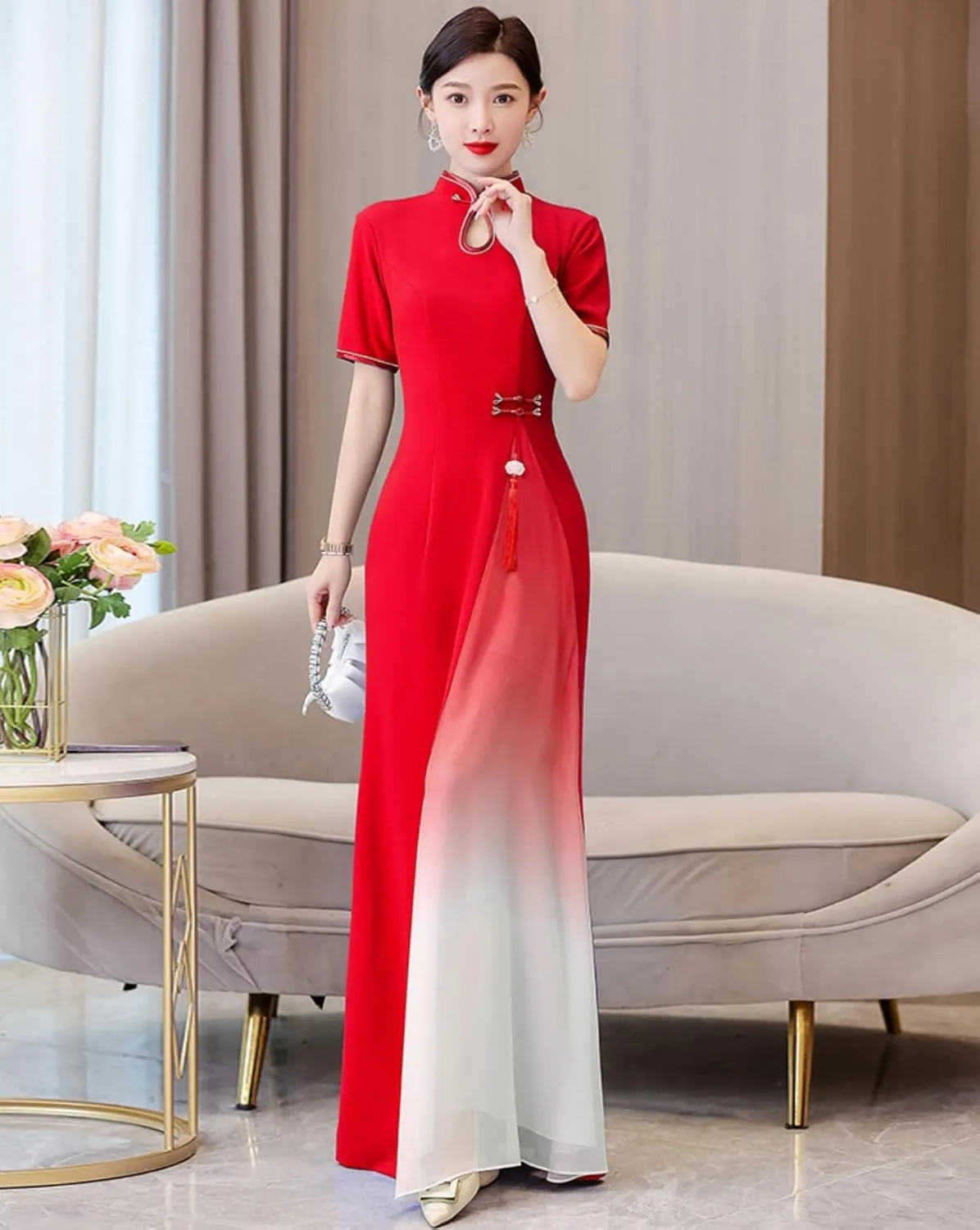Women's Chiffon Long Cheongsam Short Sleeve Chi-pao Dress Evening Party Wedding Guest Gown Qipao
