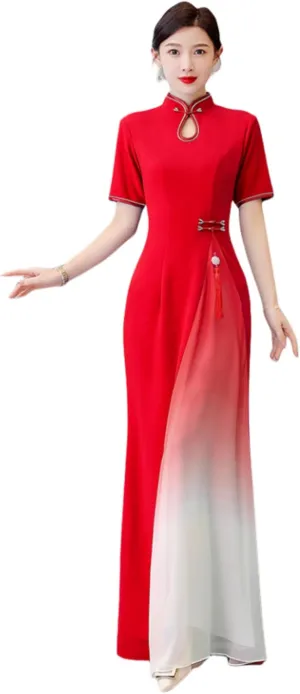 Women's Chiffon Long Cheongsam Short Sleeve Chi-pao Dress Evening Party Wedding Guest Gown Qipao