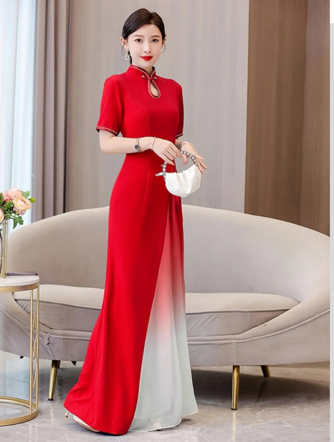 Women's Chiffon Long Cheongsam Short Sleeve Chi-pao Dress Evening Party Wedding Guest Gown Qipao