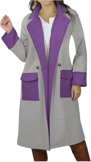 Women's Contrast Color Notch Lapel Button Down Wool Blend Mid Long Pea Trench Coat Casual Loose Overcoats with Pockets