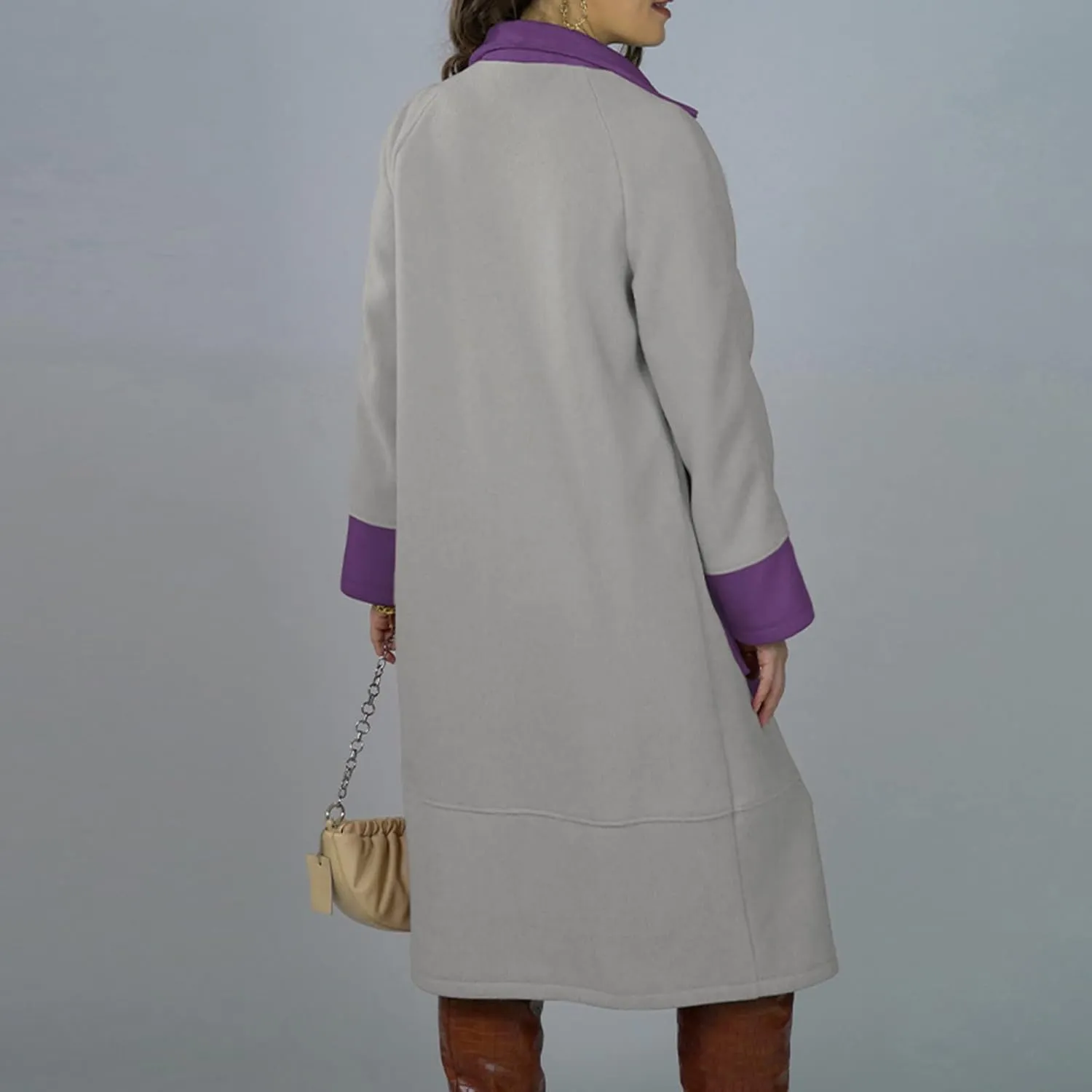 Women's Contrast Color Notch Lapel Button Down Wool Blend Mid Long Pea Trench Coat Casual Loose Overcoats with Pockets