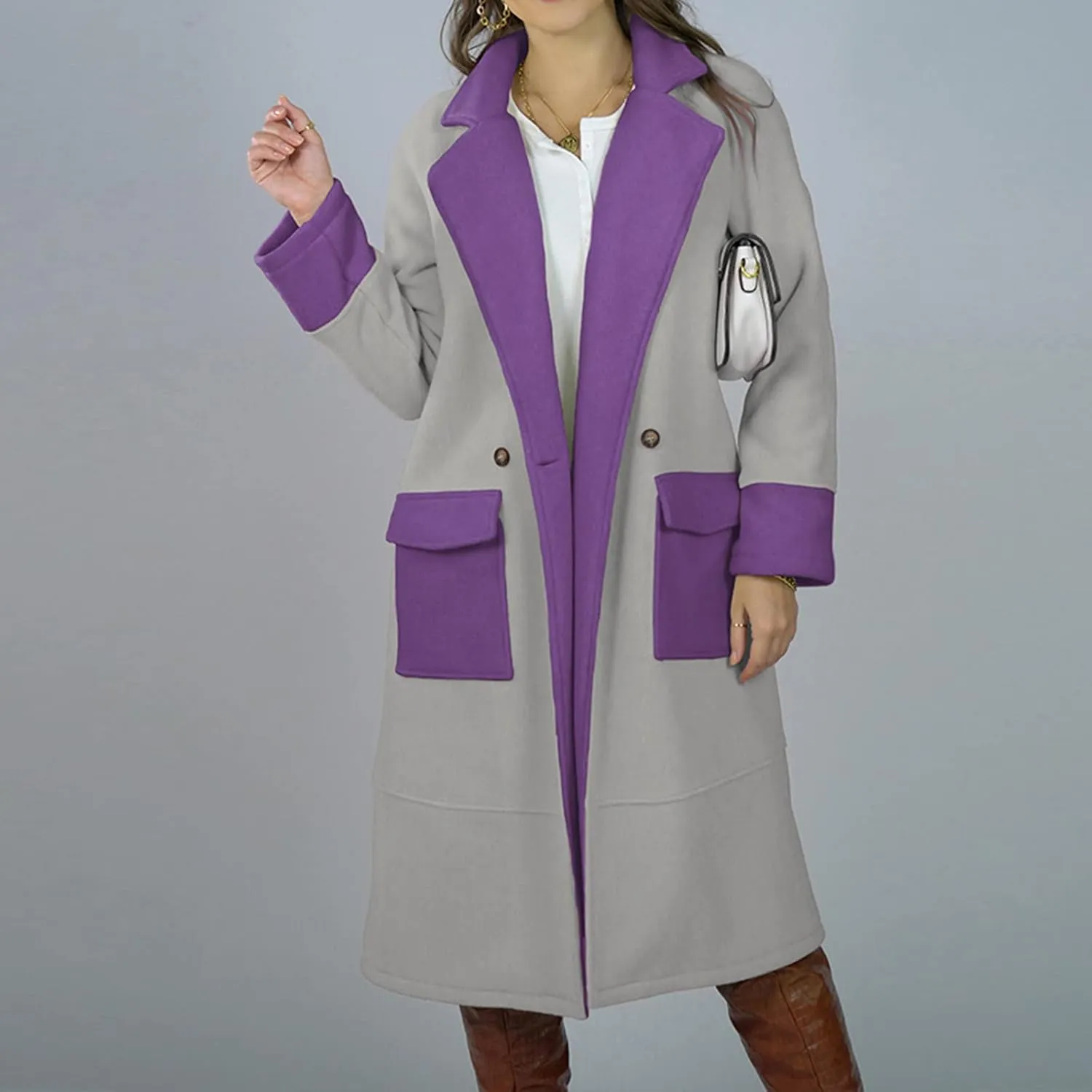 Women's Contrast Color Notch Lapel Button Down Wool Blend Mid Long Pea Trench Coat Casual Loose Overcoats with Pockets