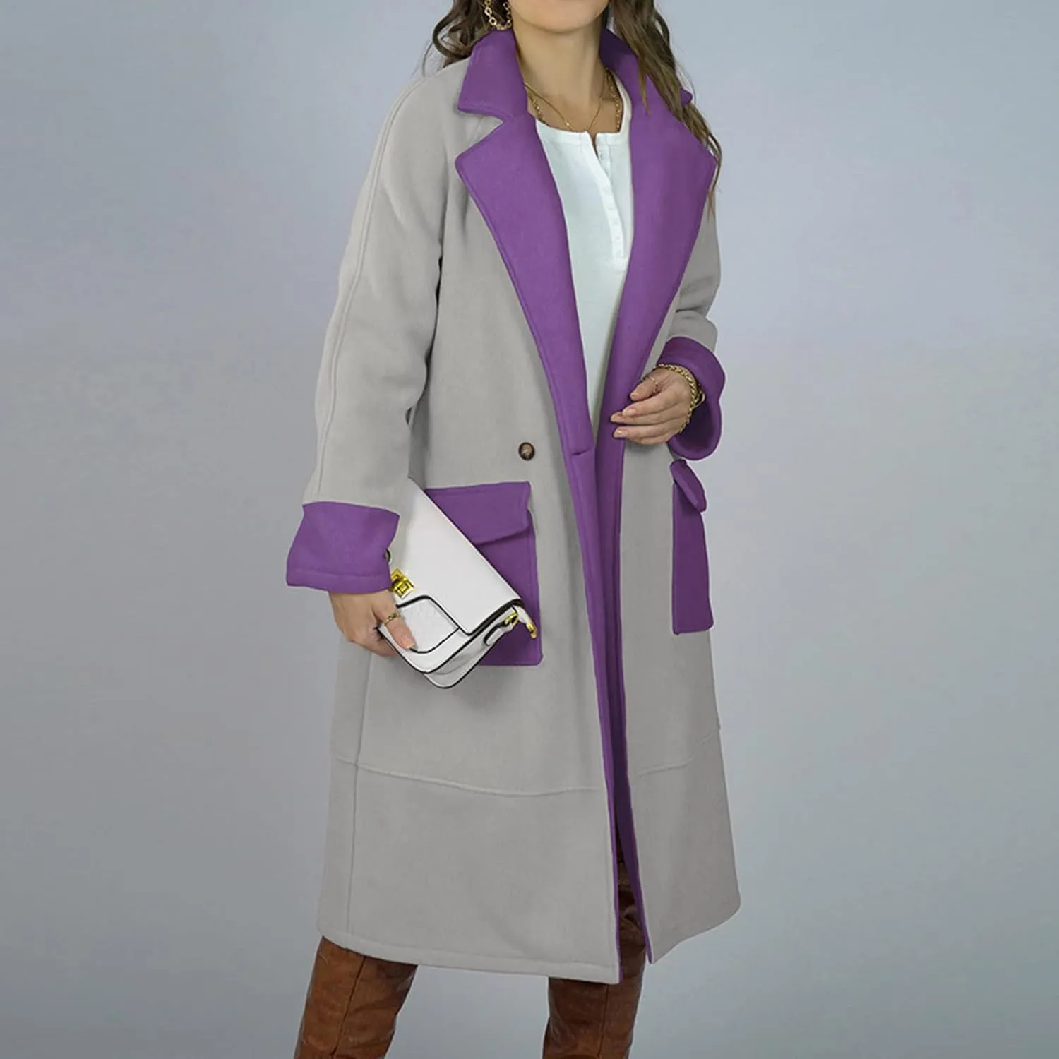 Women's Contrast Color Notch Lapel Button Down Wool Blend Mid Long Pea Trench Coat Casual Loose Overcoats with Pockets