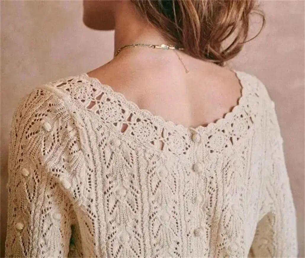 Women's Crocheted Knit Sweater Lady Long Sleeve Hollow Out Cardigan Knitwear Double Wear Tops for Holiday