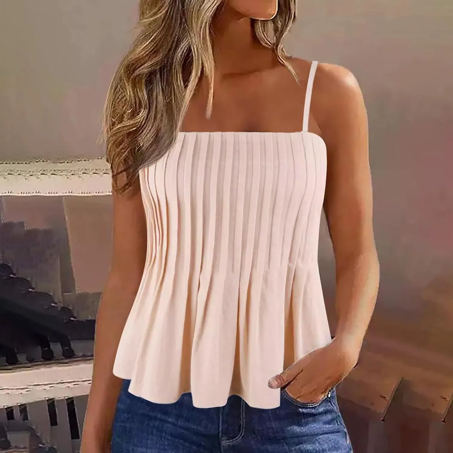 Women's Cute Camisole Adjustable Spaghetti Strap Peplum Tops Flowy Pleated Crop Tops Loose Fit Flare Babydoll Shirts