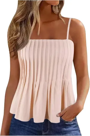 Women's Cute Camisole Adjustable Spaghetti Strap Peplum Tops Flowy Pleated Crop Tops Loose Fit Flare Babydoll Shirts