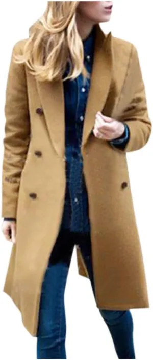 Women's Double Breasted Trench Coat Winter Windbreaker Faux Wool Coats Classic Lapel Long Sleeve Overcoat with Pockets
