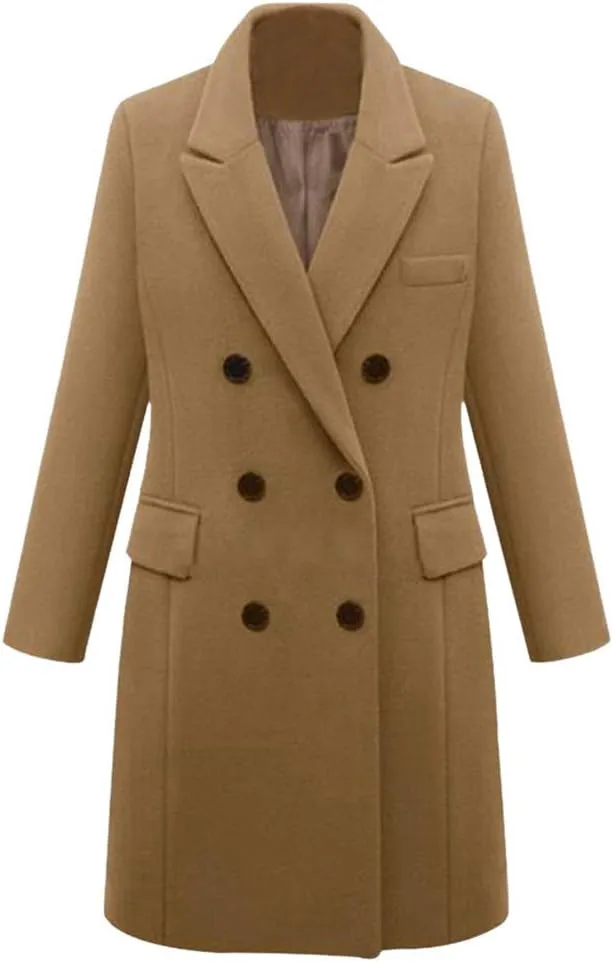 Women's Double Breasted Trench Coat Winter Windbreaker Faux Wool Coats Classic Lapel Long Sleeve Overcoat with Pockets