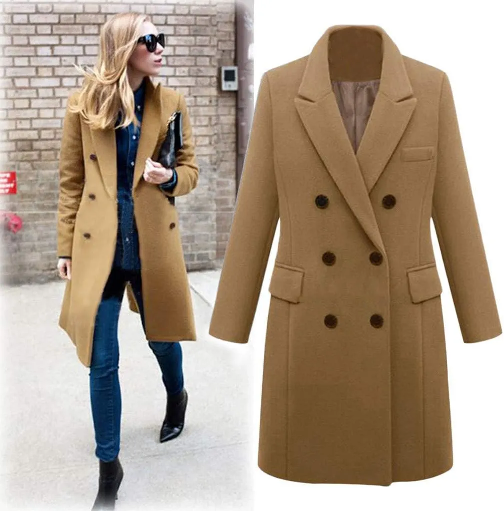 Women's Double Breasted Trench Coat Winter Windbreaker Faux Wool Coats Classic Lapel Long Sleeve Overcoat with Pockets