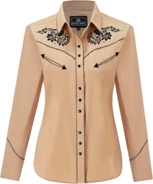 Women's Embroidered Western Cowgirl Slim Fit Shirt Snap Button Down Long Sleeve Shirt with Floral Embroidery