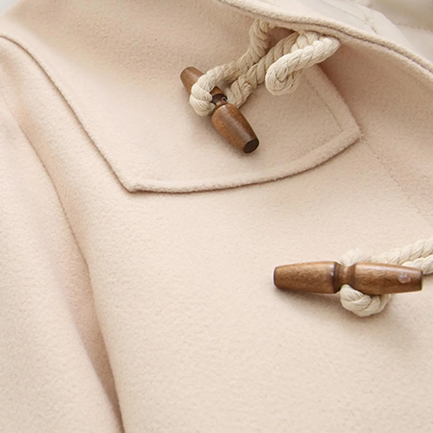 Womens Fashion Horn Button Woolen Thicken Coat with Hood Winter Warm Quilted Lined Jacket Double Breasted Trench Coats