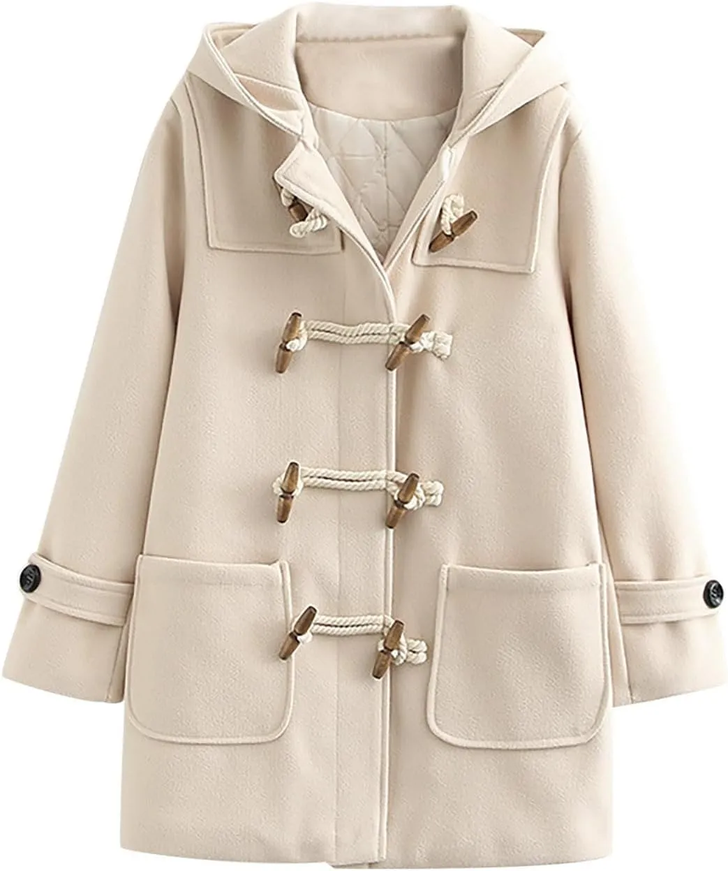Womens Fashion Horn Button Woolen Thicken Coat with Hood Winter Warm Quilted Lined Jacket Double Breasted Trench Coats
