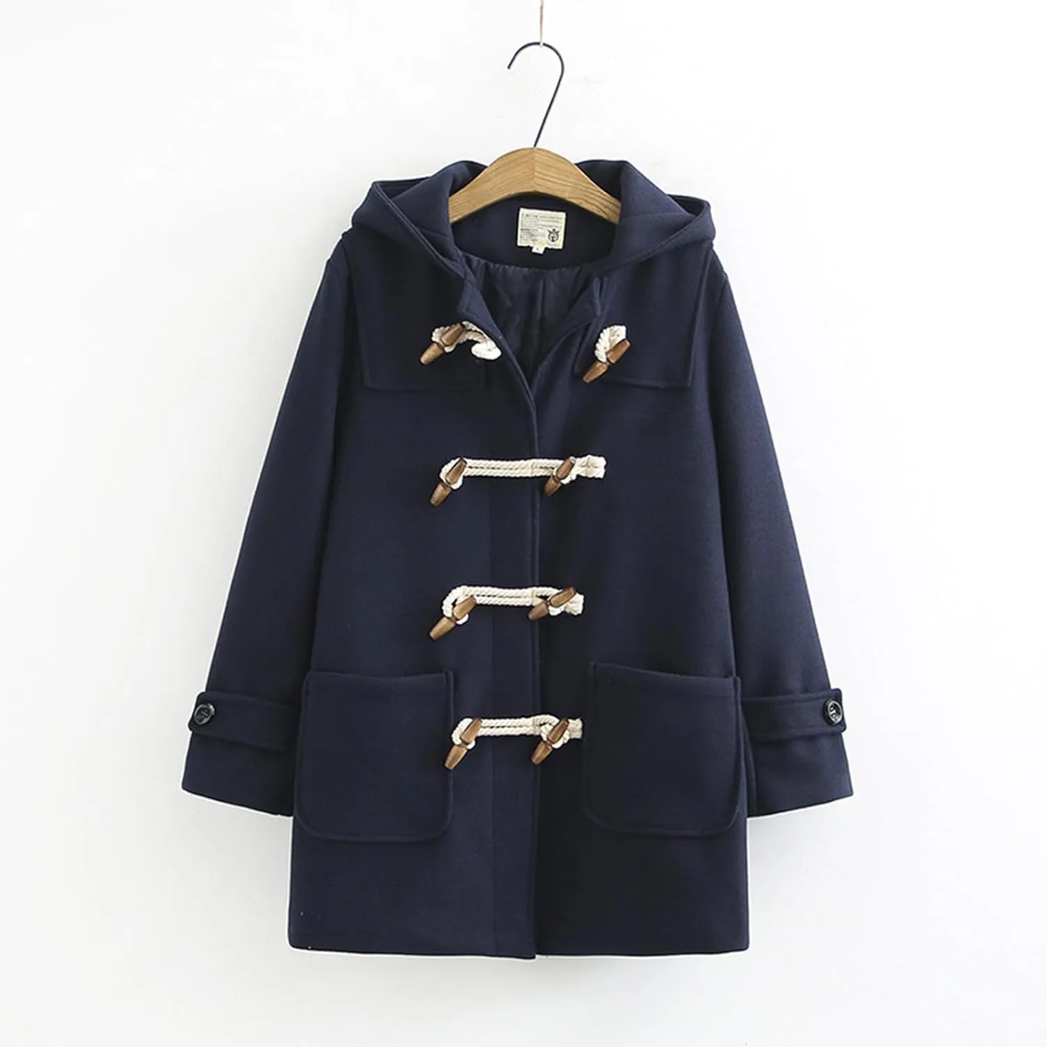 Womens Fashion Horn Button Woolen Thicken Coat with Hood Winter Warm Quilted Lined Jacket Double Breasted Trench Coats