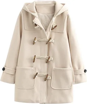 Womens Fashion Horn Button Woolen Thicken Coat with Hood Winter Warm Quilted Lined Jacket Double Breasted Trench Coats