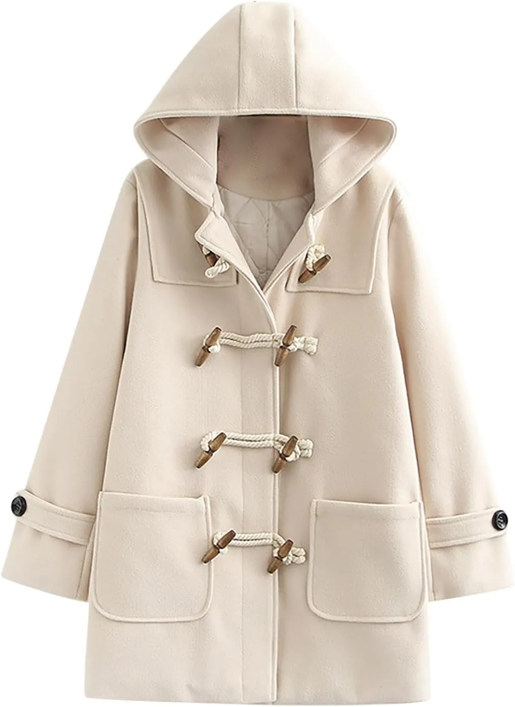 Womens Fashion Horn Button Woolen Thicken Coat with Hood Winter Warm Quilted Lined Jacket Double Breasted Trench Coats