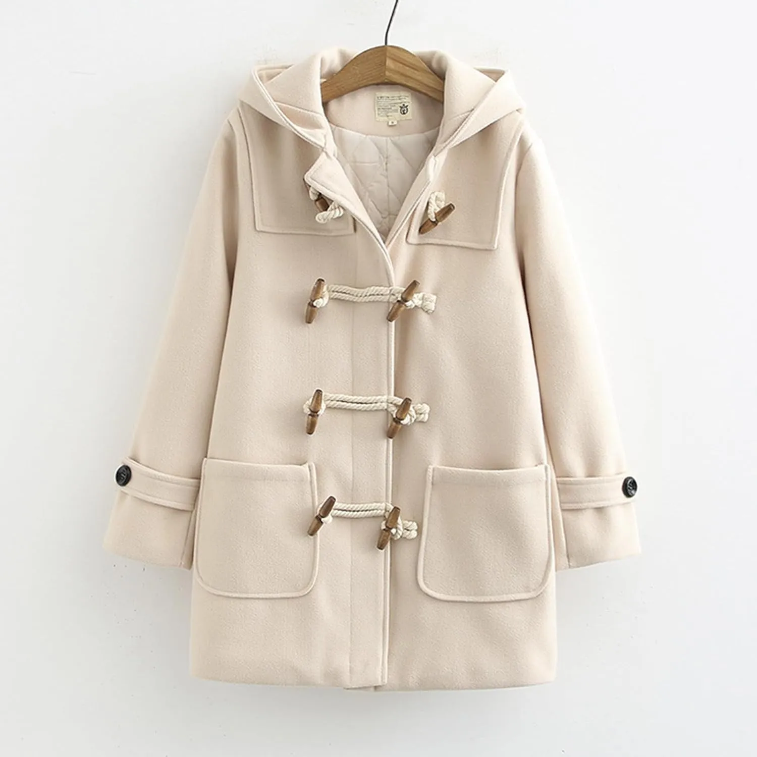 Womens Fashion Horn Button Woolen Thicken Coat with Hood Winter Warm Quilted Lined Jacket Double Breasted Trench Coats