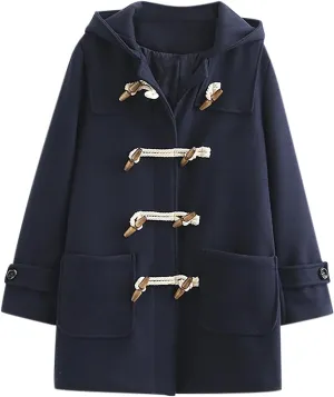 Womens Fashion Horn Button Woolen Thicken Coat with Hood Winter Warm Quilted Lined Jacket Double Breasted Trench Coats