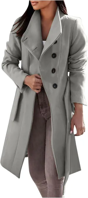 Womens Fashion Lapel Collar Button Down Pea Coat Winter Woolen Over Coats Slim Fit Trench Coat Long Jackets with Belt