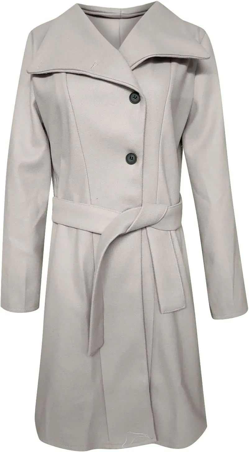 Womens Fashion Lapel Collar Button Down Pea Coat Winter Woolen Over Coats Slim Fit Trench Coat Long Jackets with Belt