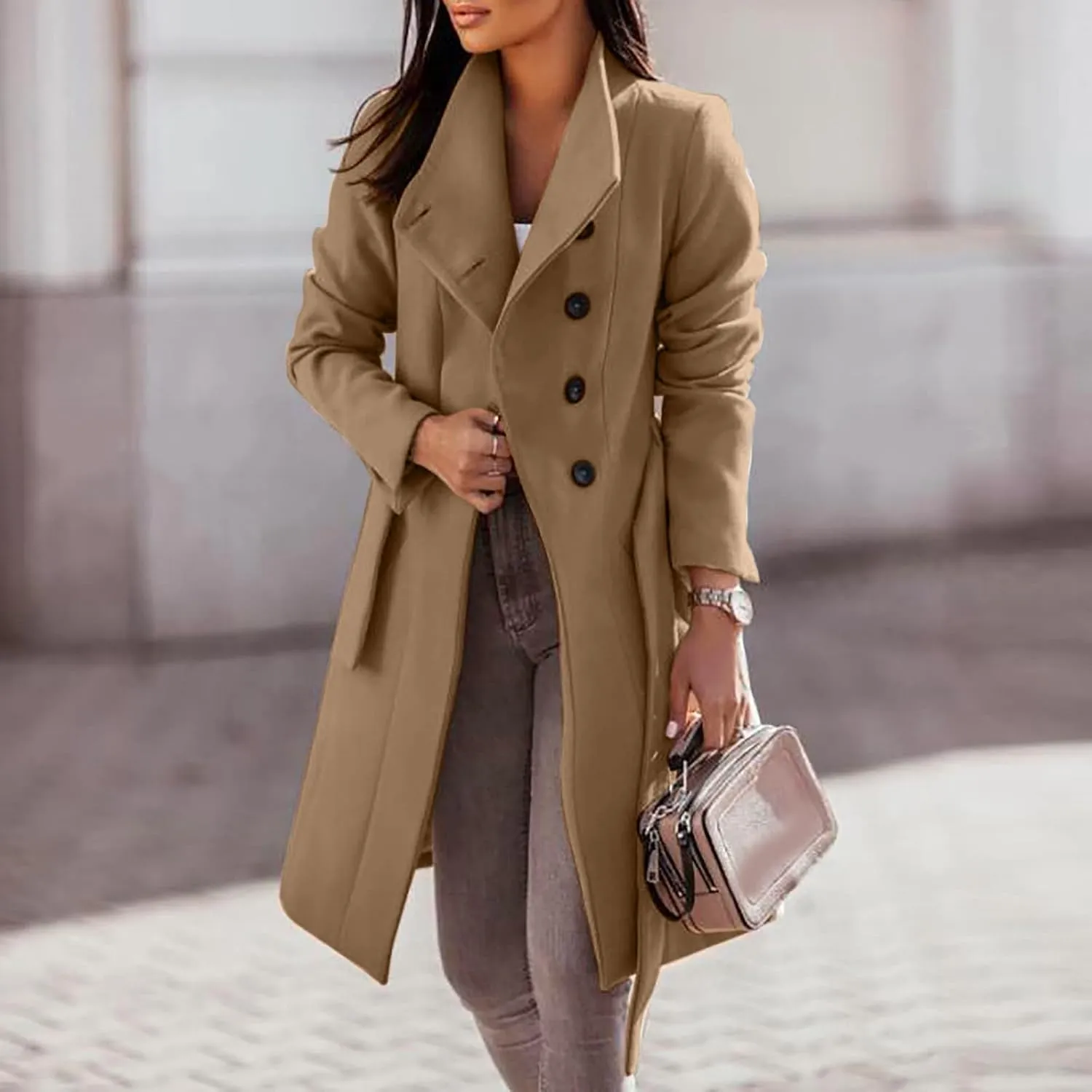 Womens Fashion Lapel Collar Button Down Pea Coat Winter Woolen Over Coats Slim Fit Trench Coat Long Jackets with Belt