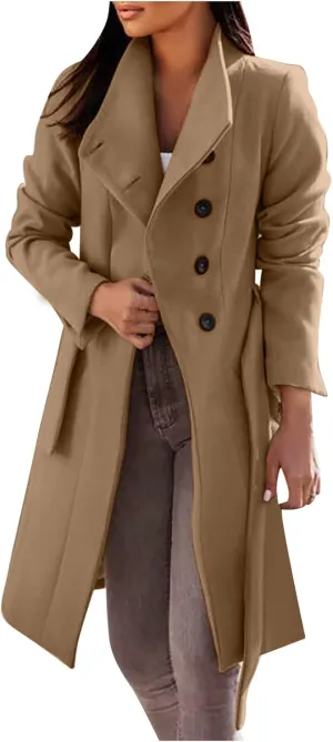Womens Fashion Lapel Collar Button Down Pea Coat Winter Woolen Over Coats Slim Fit Trench Coat Long Jackets with Belt