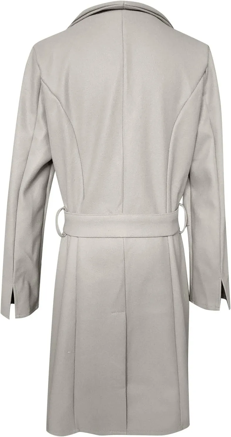 Womens Fashion Lapel Collar Button Down Pea Coat Winter Woolen Over Coats Slim Fit Trench Coat Long Jackets with Belt