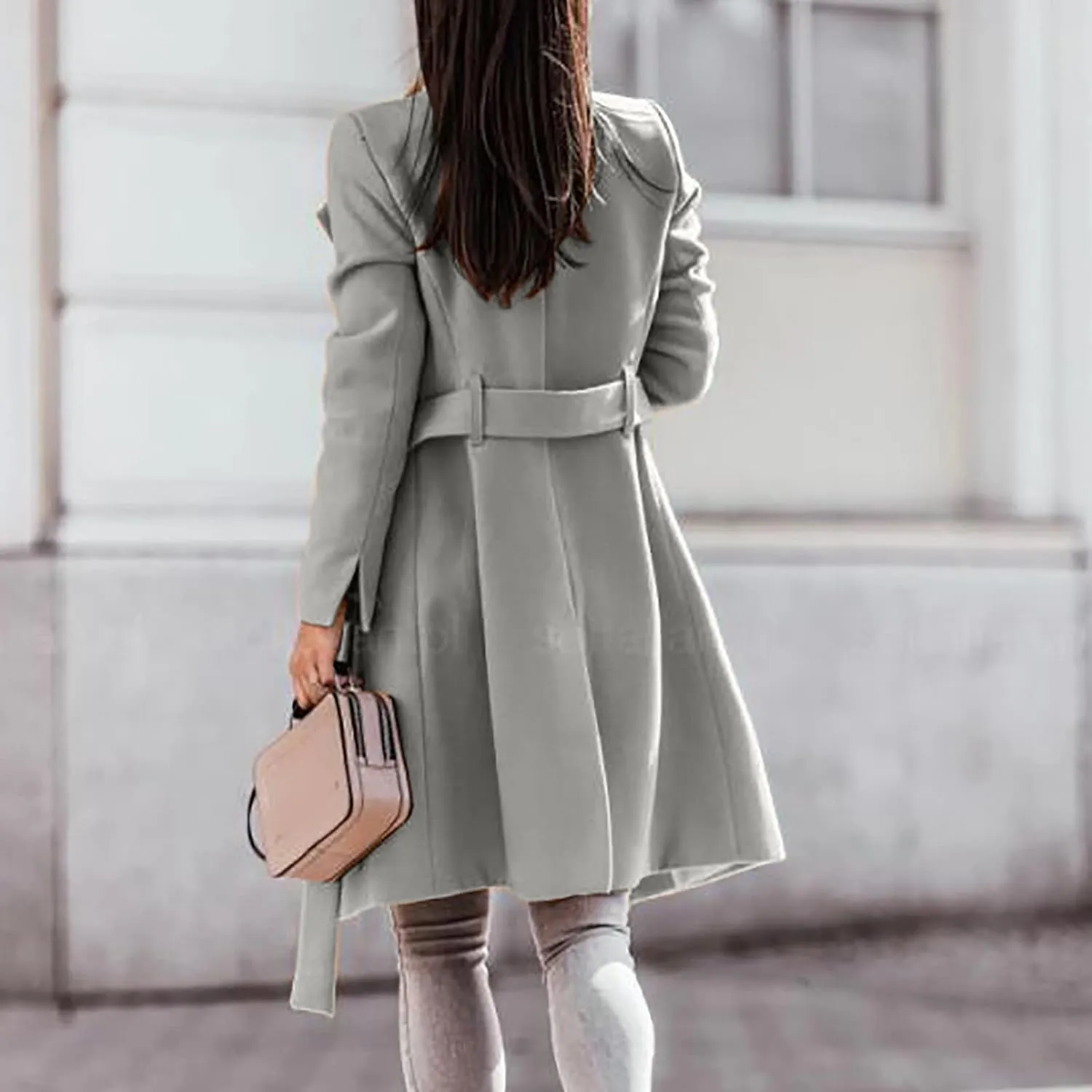 Womens Fashion Lapel Collar Button Down Pea Coat Winter Woolen Over Coats Slim Fit Trench Coat Long Jackets with Belt