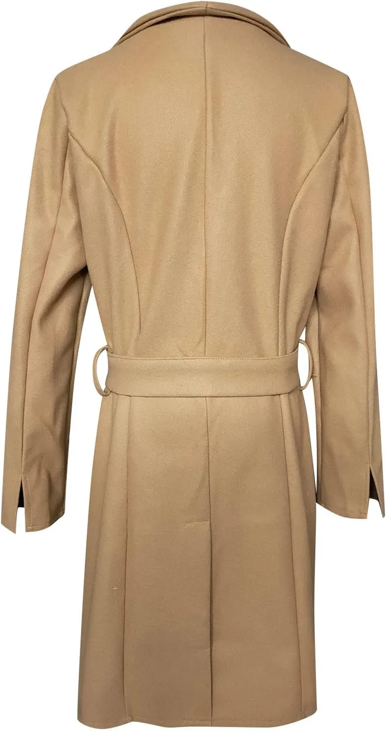 Womens Fashion Lapel Collar Button Down Pea Coat Winter Woolen Over Coats Slim Fit Trench Coat Long Jackets with Belt