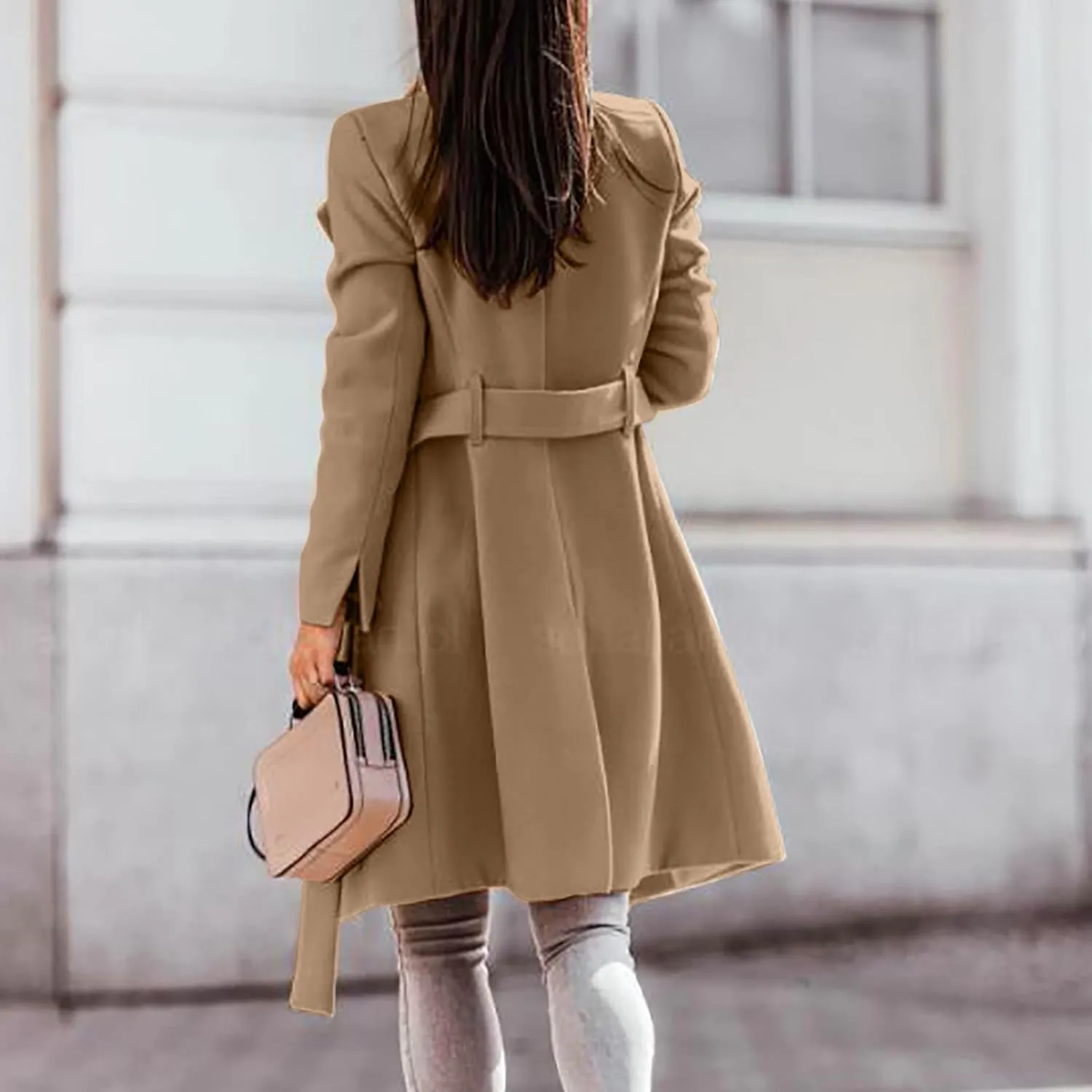 Womens Fashion Lapel Collar Button Down Pea Coat Winter Woolen Over Coats Slim Fit Trench Coat Long Jackets with Belt