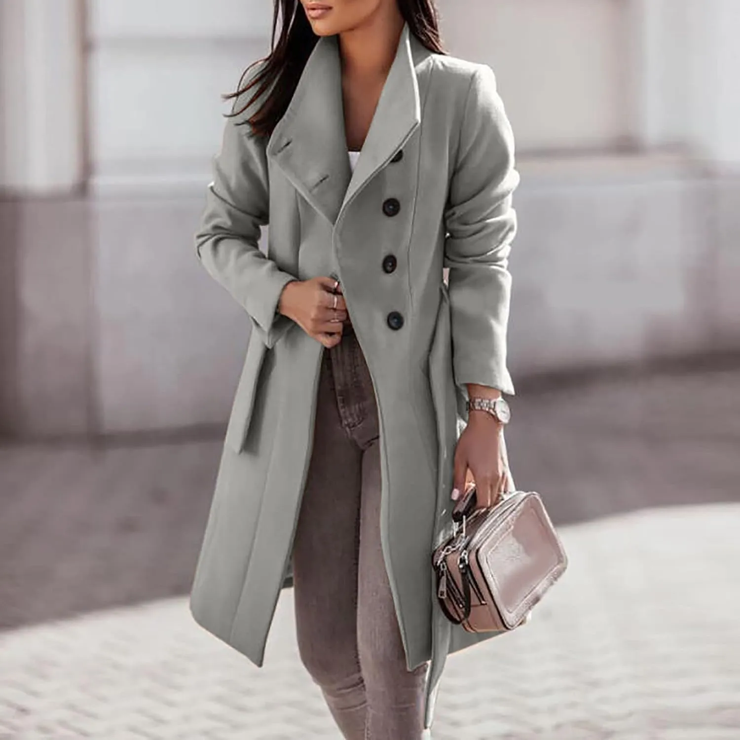 Womens Fashion Lapel Collar Button Down Pea Coat Winter Woolen Over Coats Slim Fit Trench Coat Long Jackets with Belt