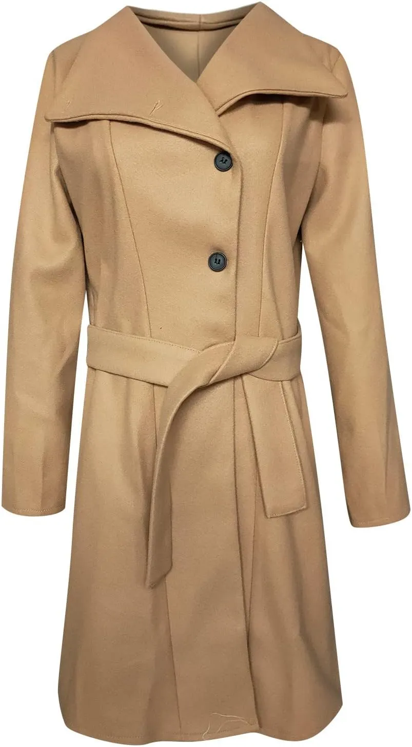 Womens Fashion Lapel Collar Button Down Pea Coat Winter Woolen Over Coats Slim Fit Trench Coat Long Jackets with Belt